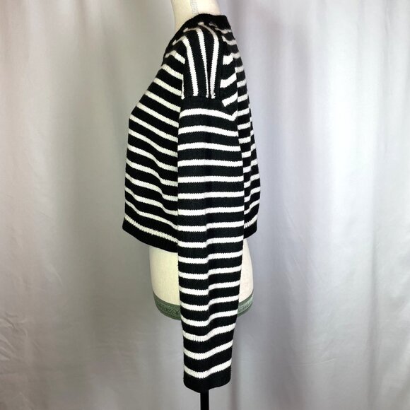 H&M Cropped Sweater Size M Wool Blend Black White Striped Crew Neck Long Sleeves - Picture 3 of 14
